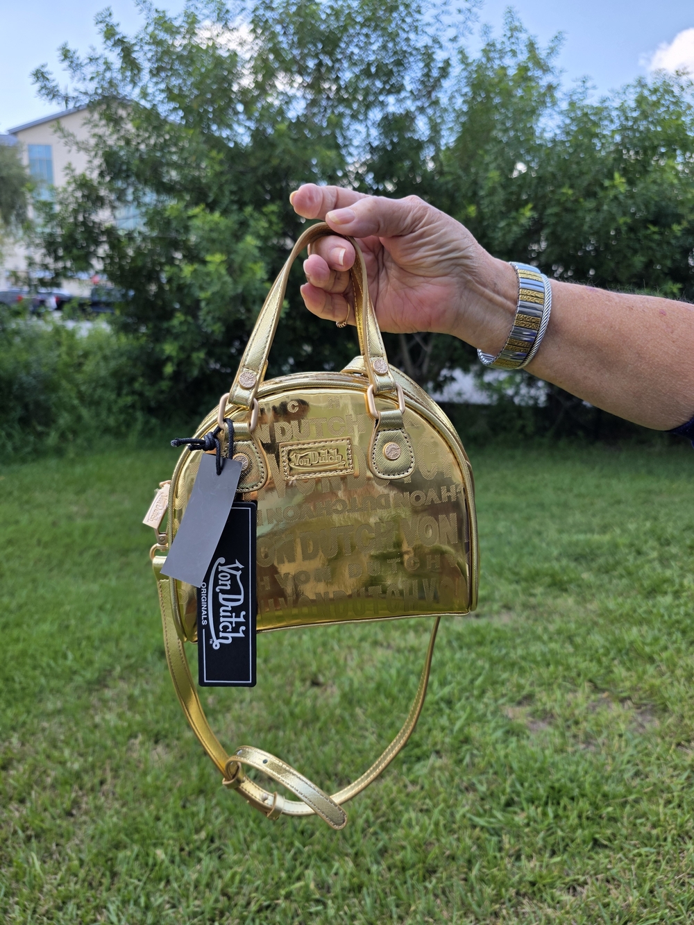 Von Dutch Metallic Gold Mini Dome Satchel - Gold